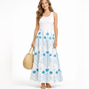 NWOT Madison Mathews Blue Floral Embroidered Maxi Skirt Boho Resort XS